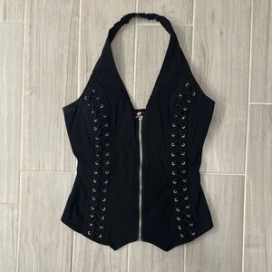 Black Halter Top with Lace-Up Detail